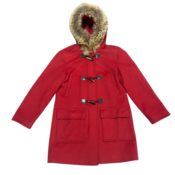 MK Michael Kors Red 100% Wool Toggle Coat Coyote Fur Trim Hood Sz 8 - Picture 1 of 10
